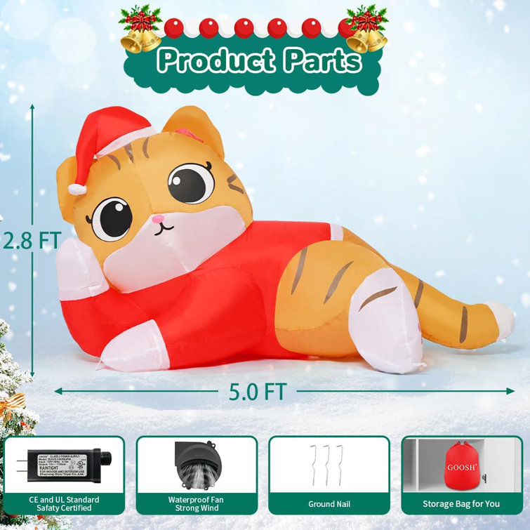 The Holiday Aisle® Christmas Inflatable 5 FT Christmas Cat Inflatables Christmas Cat Blow Up